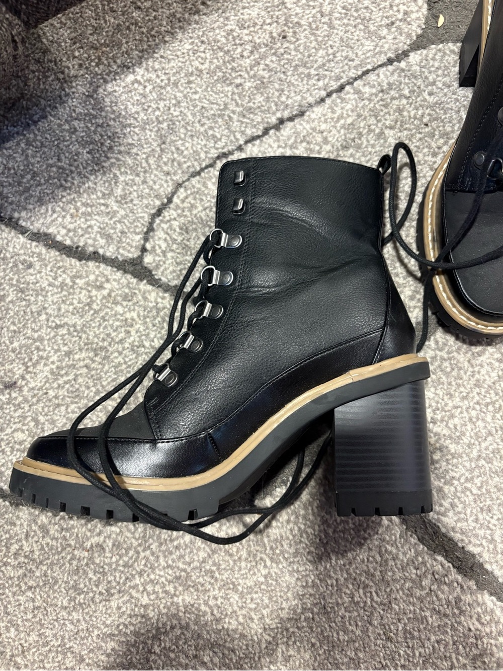 a new day Black Lace-Up Chunky Heel Ankle Boots with Lug Sole and Contrast Trim
